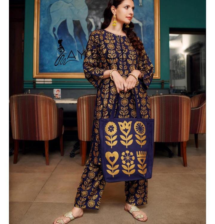 ARCANE THREADS-WITH PRINTED DRESS WITH BAG